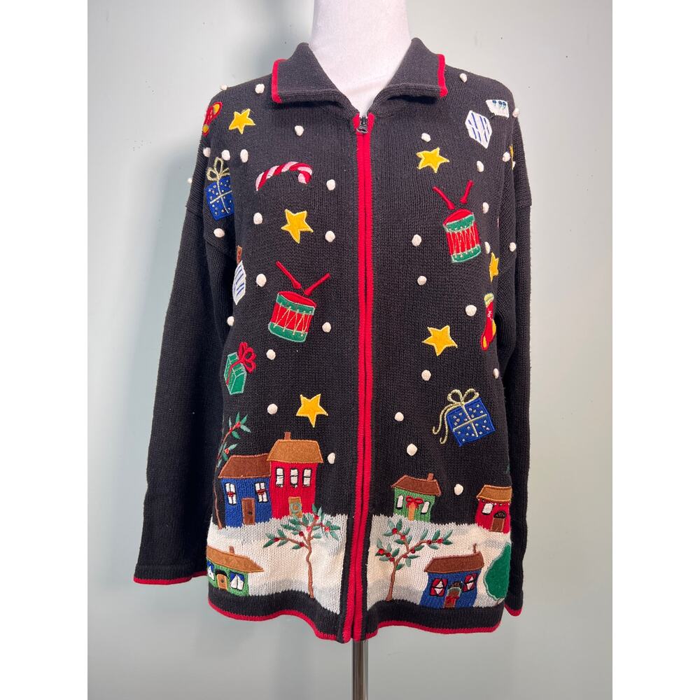Vintage Christmas Sweater Medium Black Embroidered Applique Full Zip Tiara Intnl
